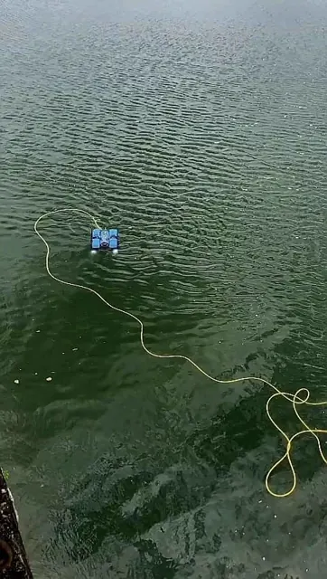 Remotely operated vehicle in the water, connected to a control cable at the surface.